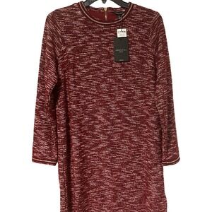 NWT Cortefiel Woman Red Tweed Tinsel Knit Shift Dress Gold Chain Trim Size S